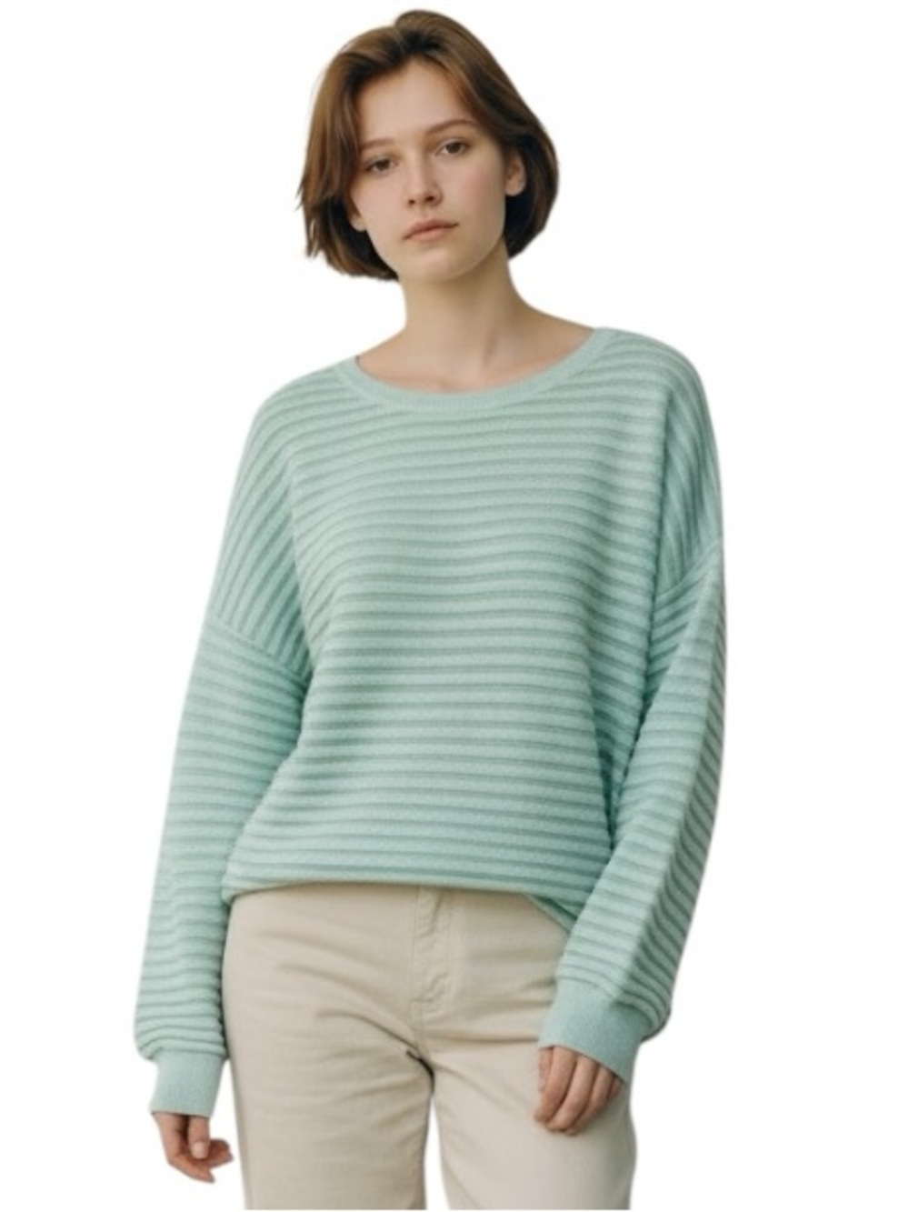 Vince Camuto Women’s Pastel Mint Green Sheer and Striped Sweater in XL